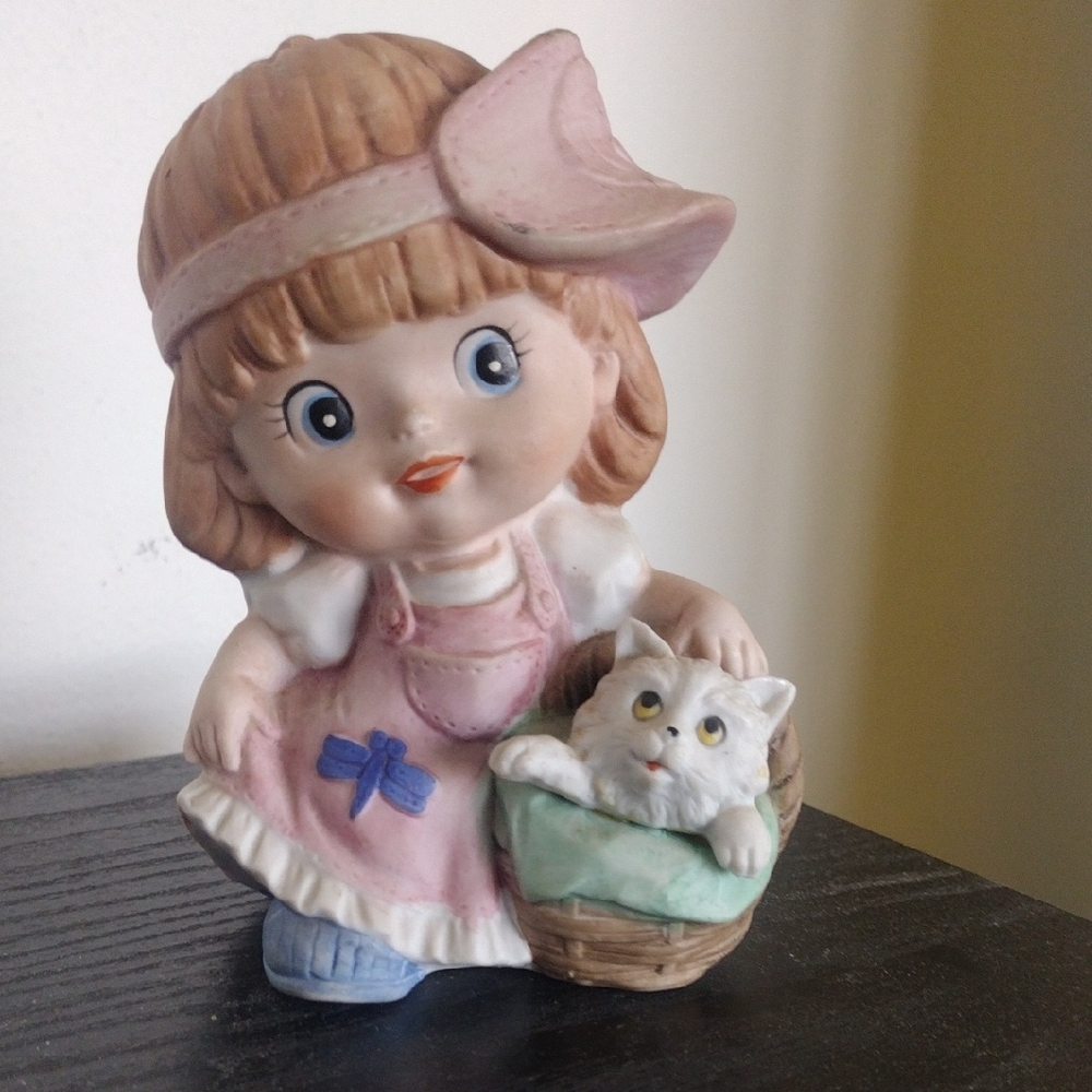 Adorable Vintage HomCo Girl Figurine with Cat Kitten in Basket Bisque Porcelain